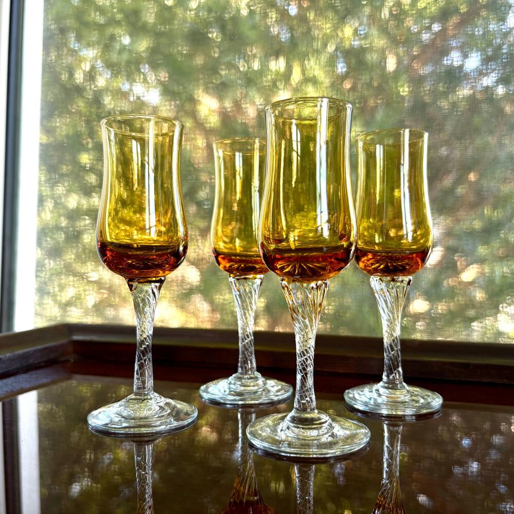 Vintage Amber Cordial Glasses with Clear Twisted Stems, Set of 4